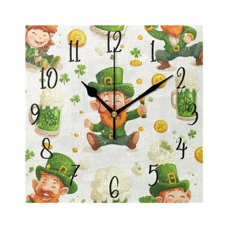 WOBOGO St Patricks Pattern with Leprechauns and Green Beer Mugs Wall Clock 7.78 Inch Battery Operated Silent Unit Square Rustic Vintage Style for Home Bedroom Office Black Pointer