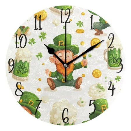 WOBOGO St Patricks Pattern with Leprechauns and Green Beer Mugs Wall Clock 10in Silent Mechanism Battery Operated Retro Style for Living Room Bedroom and Kitchen Black Pointer