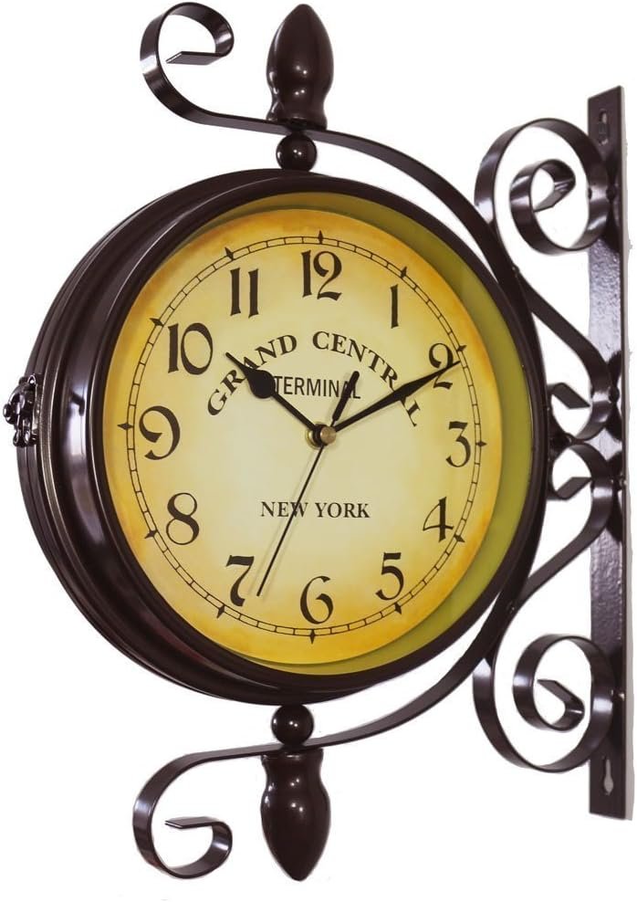 WOOCH Wrought Iron Antique-Look Brown Round Wall Hanging Double Sided Two Faces Retro Station Clock 8-inch