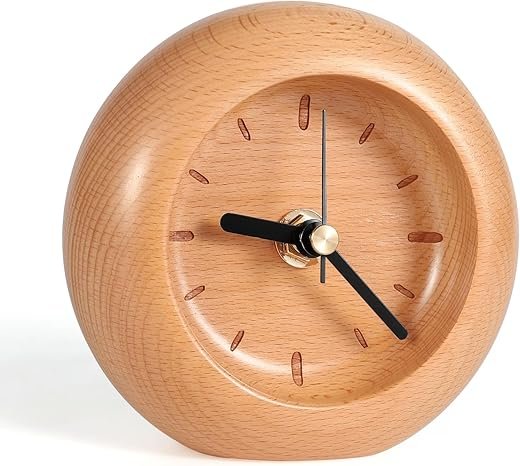 Wooden Table Clock on Stand, Decorative Battery Operated Desk and Shelf Clock, Silent Non-Ticking Desktop Clock for Office, Living Room or Bedroom Decor, Round Shape, Beech Wood