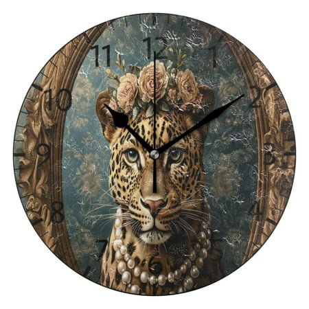 YAZAOO Decorative Wall Clock Size：25cm Leopard with Floral Crown Pearls Design Pattern Clock
