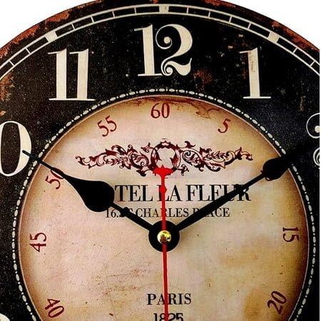 10-Inch Round Black Paris-Themed Decorative Wall Clock | Large Arabic Numerals | Retro Wood Finish | Quartz Movement for Living Room, Office & Kitchen