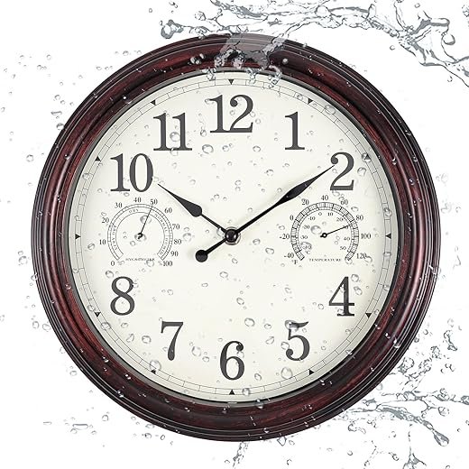 12 inch Outdoor Wall Clock, Plastic Waterproof Outdoor Clock with Temperature & Humidity, Water Resistant Wall Clock for Patio Garden, Dark Brown