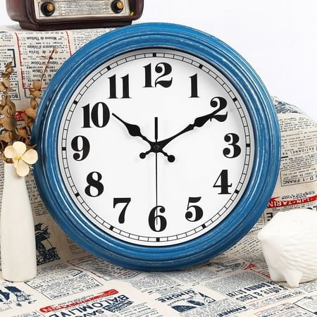 12 Inch Retro Wall Clock Silent,Accurate Time,Big Numbers,Quartz,Analog,Blue