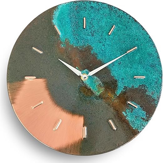 12 Inch Turquoise Blue Green Patina Real Copper Non-Ticking Silent Battery Operated Modern Wall Clock for Living Room Wall Decor, Kitchen, Bedroom, Office (Silver Colored Hands)