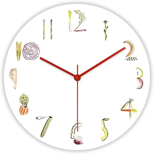 12 Inch Vegetable Kitchen Wall Clock, Colorful Healthy Food Fresh Veggie Fruit Print Wall Watch Clock Silent Non Ticking Battery Operated Wall Clock for Chef Foodie Nutritionist Dietitian