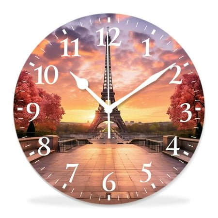 12 Inch Wall Clock Battery Operated Silent Clock Decorative for Office, Kitchen, Outdoor, Living Room，Eiffel Tower Landmark Sunrise with Clouds on Horizon Park Sun Painting