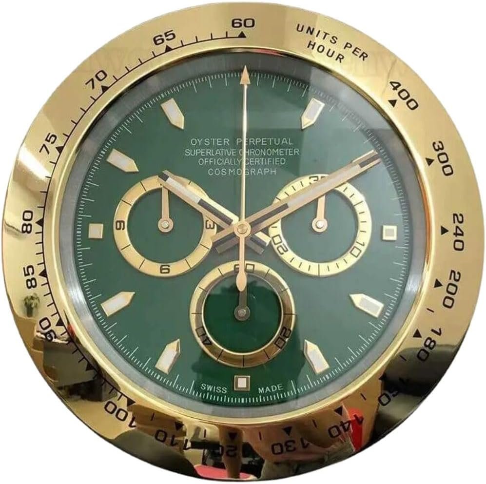 14 Inch Golden Wall Clock with Green Dial, Battery Operated Silent Quartz Non-Ticking Modern Analog Decor for Home and Office, Round Decorative Wall Clocks for Living Room, Bedroom, kitchen, Workspace