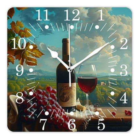14 Inch Wall Clock Battery Operated Square Clock for Office, Kitchen, Outdoor, Living Room,Vintage Wine Grape Red Glasses Natural