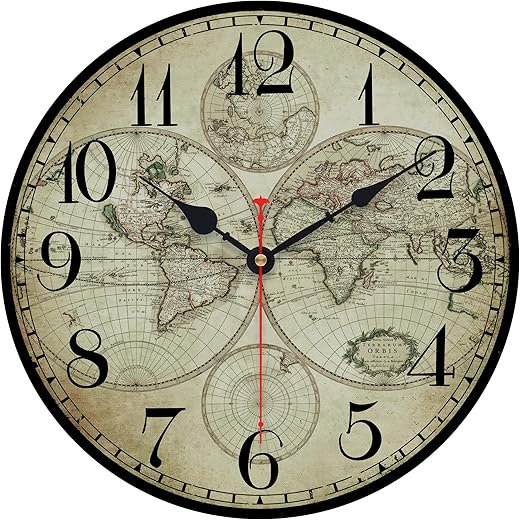14 Inch Wooden Wall Clock Globe World Map Retro Vintage Rustic Wall Clocks Silent Non Ticking Clock Decorative for Kitchen Farmhouse Hotel