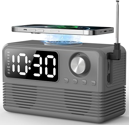 15W Fast Wireless Charger with Bluetooth Speaker and Alarm Clock Radio,4 in1 Wireless Charging Station for iPhone,Android Phones with FM Radio for Bedroom