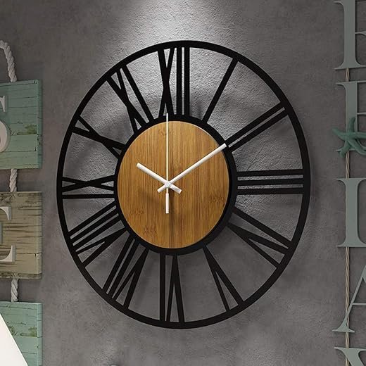 1st owned Wall Clocks for Living Room Decor,24 Vintage,Round Silent Non Ticking,Black Metal,Modern Wood Clocks for Home Bedroom,Kitchen,Garden,Office,Cafe,Modern Wall Decoration -Roman Numerals