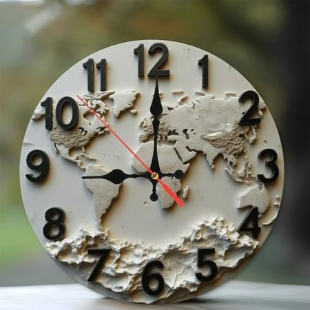 2D White World Map Wall Clock Decorative Art 10-Inch Silent Wooden Wall Clock, Battery Operated (AA Batteries Not Included), Artistic Home Decor