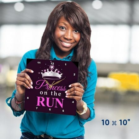 3dRose, Princess on the Run - Black - Hot pink text - silver tiara crown - girl runner running race racing, 10x10 Wall Clock