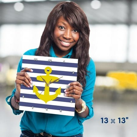 3dRose, Retro Nautical Golden Yellow Anchor with navy blue sailor stripe pattern - French Breton stripes, 13x13 Wall Clock