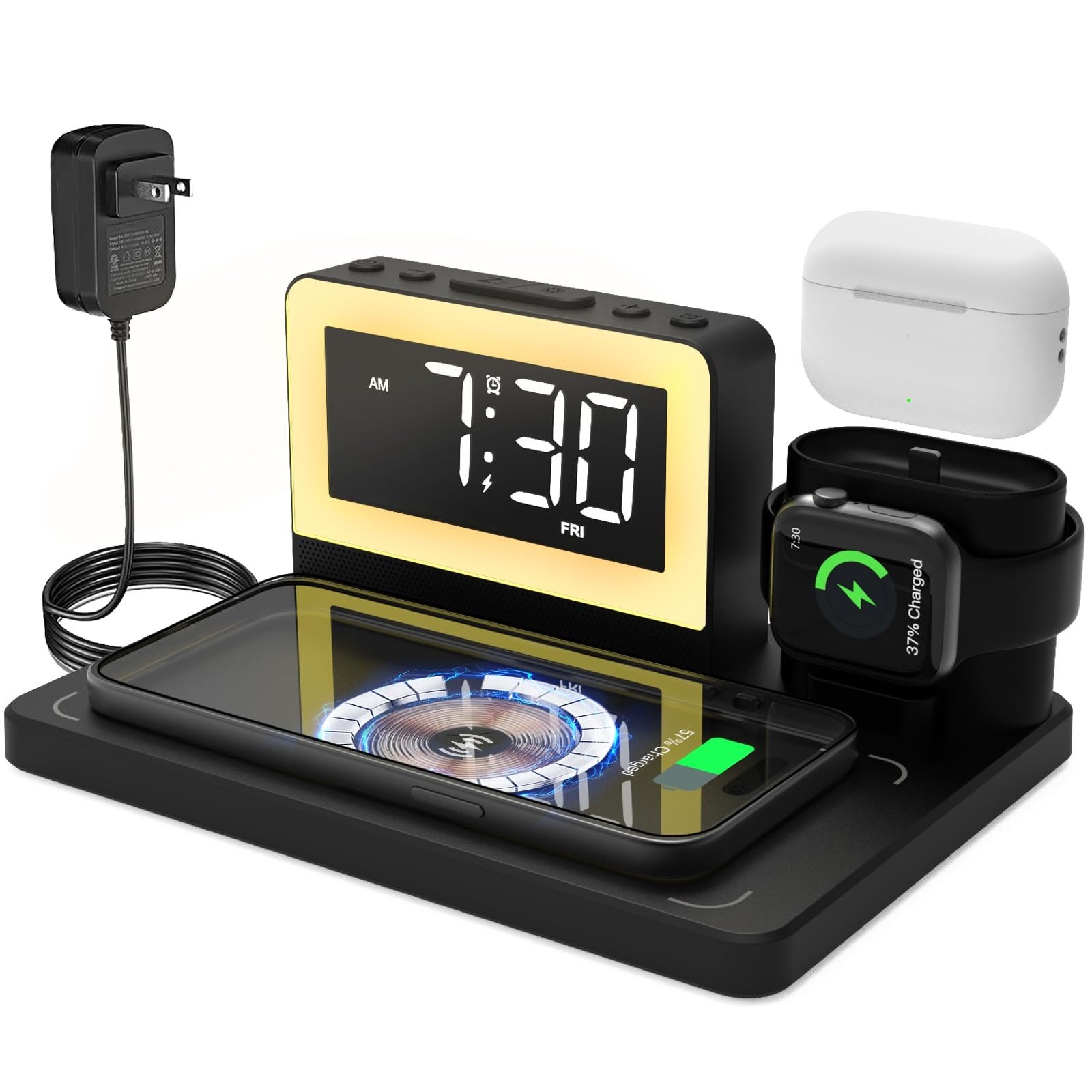 5 in 1 Bedside Wireless Charging Station with Alarm Clock and 7 Color Night L...