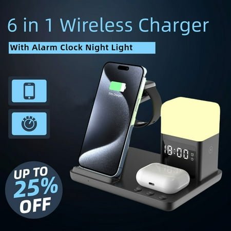 6 in 1 Fast Phone Charger Stand Dock with Alarm Clock Night Light Wireless Charger for iPhone, , Wireless Charging Station for Apple Watch, for Airpods 3/2/Pro, for iPhone 16/15/14/13/12/11/Pro/Max
