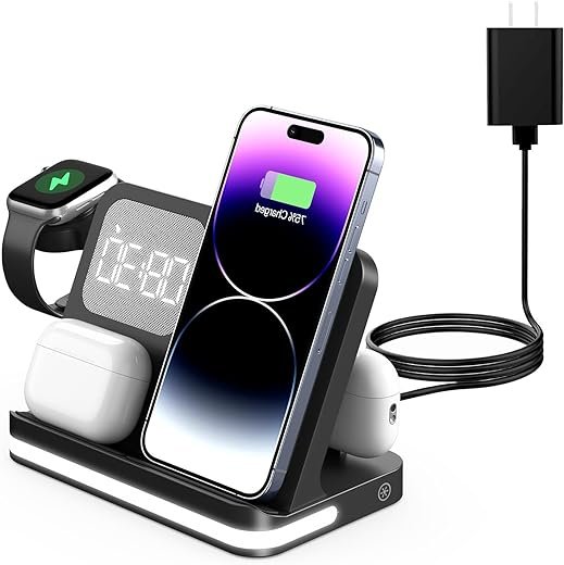 7 in 1 Wireless Charger for iPhone, Wireless Charging Station Compatible with Multiple Devices iPhone, AirPods, and Apple Watch - iPhone Fast Charging Station with Night Lamp and Clock(Black)