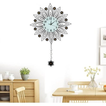 90 x 64cm Modern Metal Wall Clock Flower Fancy Decorative Wall Clocks, Non-Ticking Silent Quartz Pendulum Wall Clock with Crystal Suitable for Living Room Bedroom Office Home Decoration