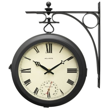 AcuRite 9-Inch Indoor/Outdoor Double-Sided Hanging Clock with 360-Degree Spin Functionality, Iron Metal Frame, Glass Lens, Quartz Crystal Movement, and Premium Thermometer (75140M)