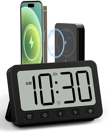 ANJANK Digital Travel Alarm Clock, 6000mAh for MagSafe Battery Pack, Portable Magnetic Power Bank, Wireless Charger for iPhone 16/15/14/13/12, USB-C & USB-A Charging, Foldable LCD Clock with Backlight