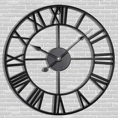 Antique Tower 30 inch Large Roman Numeral Wall Clock, Indoor Outdoor Patio Waterproof Oversized Decorative Contemporary Clock, Antique Black Metal Wall Clock Battery Operated Retro Art Hanging Clock