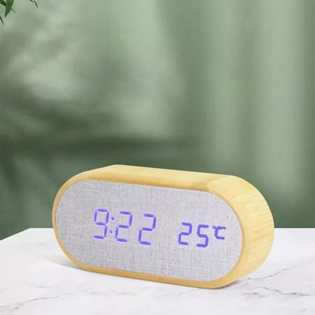 AOMXGD Alarm Clock Digital Clock Round Wooden Desk Clocks with 4 Alarms, LED Electronic Clock for Bedroom Decor, Blue