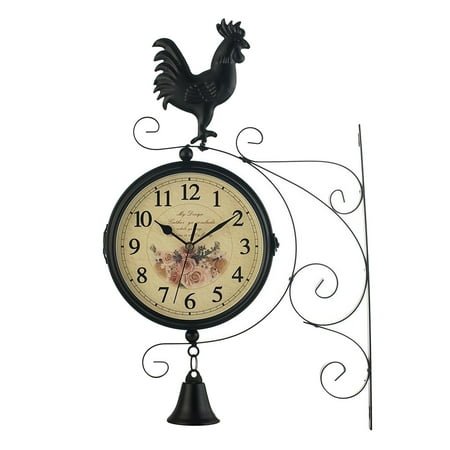 APLVFFZH Double Sided Wall Clock, Station Clock Vintage Circle Station Wall Side Hanging Clock with Scroll Wall Side Mount Home Decor