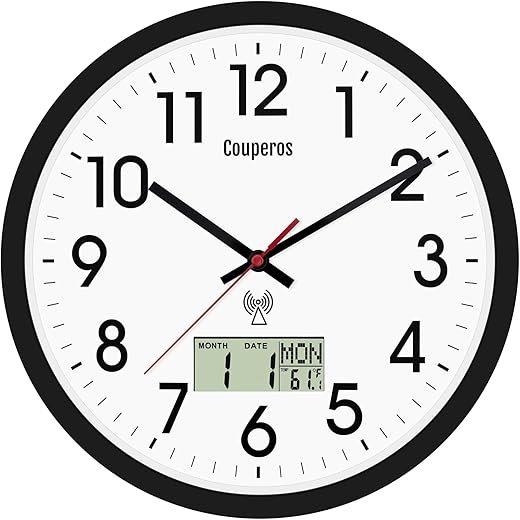 Atomic Wall Clock 12 Inch - Auto DST Modern Analog Battery Operated Silent Wall Clock with Temperature & Digital Calendar for Office Bedroom Kitchen, Round Non-Ticking Classroom & Garage Clock