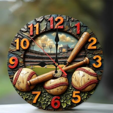 Baseball Stadium Wall Clock with Bats And Balls 10-Inch Silent Wooden Wall Clock, Battery Operated (AA Batteries Not Included), Artistic Home Decor