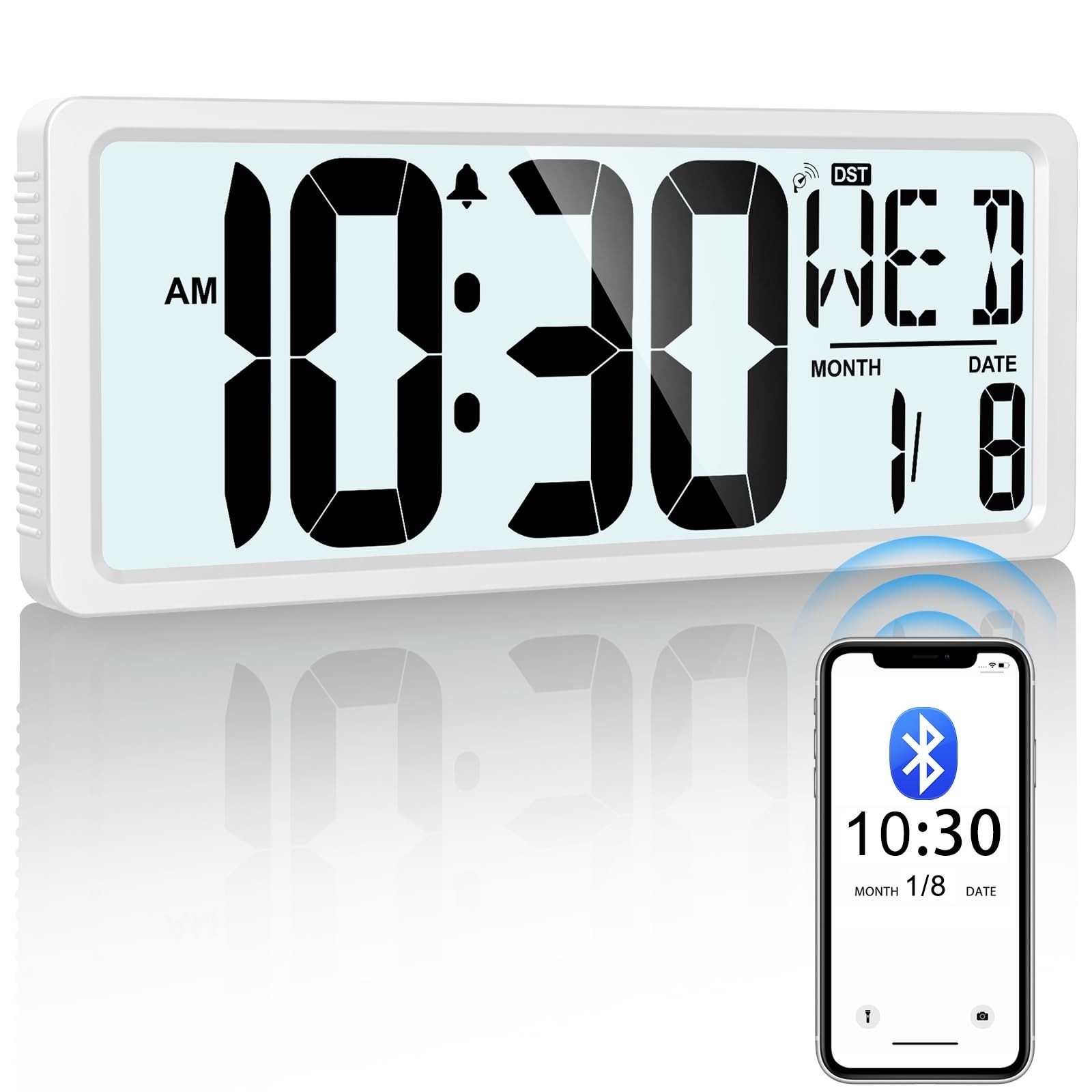 Bluetooth Time Sync Digital Wall Clock Battery Operated with Backlight, Auto ...