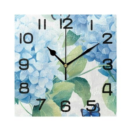 Butterflies in Hydrangea Wall Clock Square Silent Non-Ticking Battery Operated Retro 7.78 Clock Home Kitchen Office Decoration