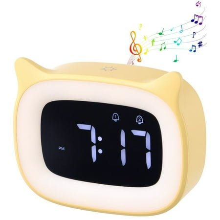 Cat Alarm Clock, Cute Cat Ear Alarm Clock with Night Light, Rechargeable Alarm Clock with 18 Ringtones, Digital Clock with Snooze Function for Kids Child