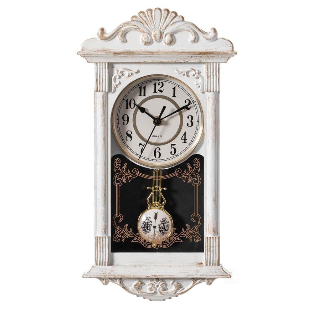 Clockswise Vintage Grandfather Wood-Looking Plastic Pendulum Decorative Battery-Operated Wall Clock Brown, White