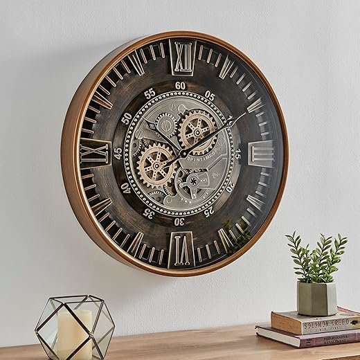 CLXEAST 24 Inch Large Moving Gear Wall Clock for Farmhouse Living Room Decor,Vintage Industrial Bronze Gold Metal Wall Clock for Home Office