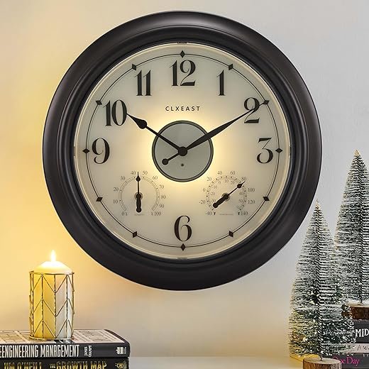 CLXEAST Illuminated Indoor Outdoor Clocks Waterproof 18 inch with Smart Sensor,Large Wall Clock with Thermometer & Hygrometer,Oil Rubbed Bronze Black