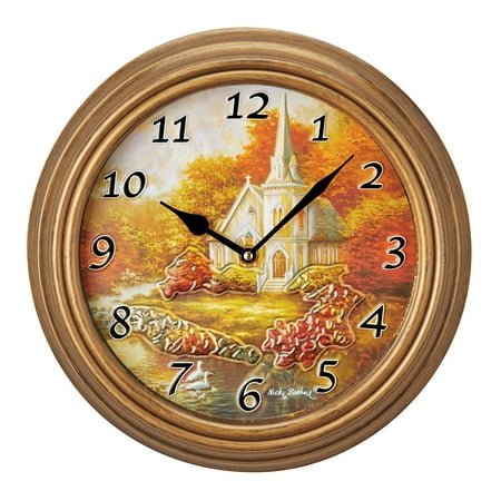 Collections Etc Beautiful Autumn Church Scene Hanging Wall Clock