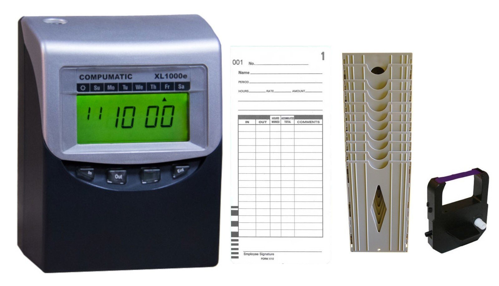 Compumatic XL1000e Calculating Time Clock Bundle w/ 100 Time Cards, Rack, Ribbon