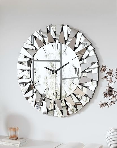 Decorative Mirror Wall Clock: 32 inch Large Mirrored Round Clock with Silver Glass Beveled Frame Edge Luxury Art Deco Home Furnishing for Livingroom Dining Room Bedroom