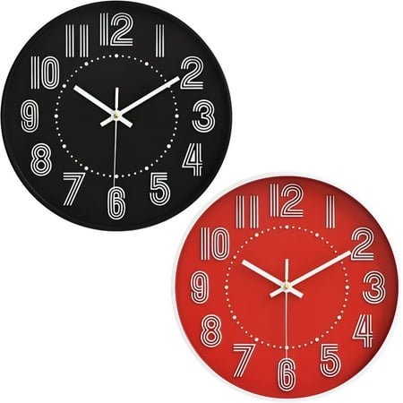 DESIGNICE 2Pcs Wall Clock,Silent Movement Modern Wall Clock,Quiet Environment Bathroom Clock,Red&Black,12In