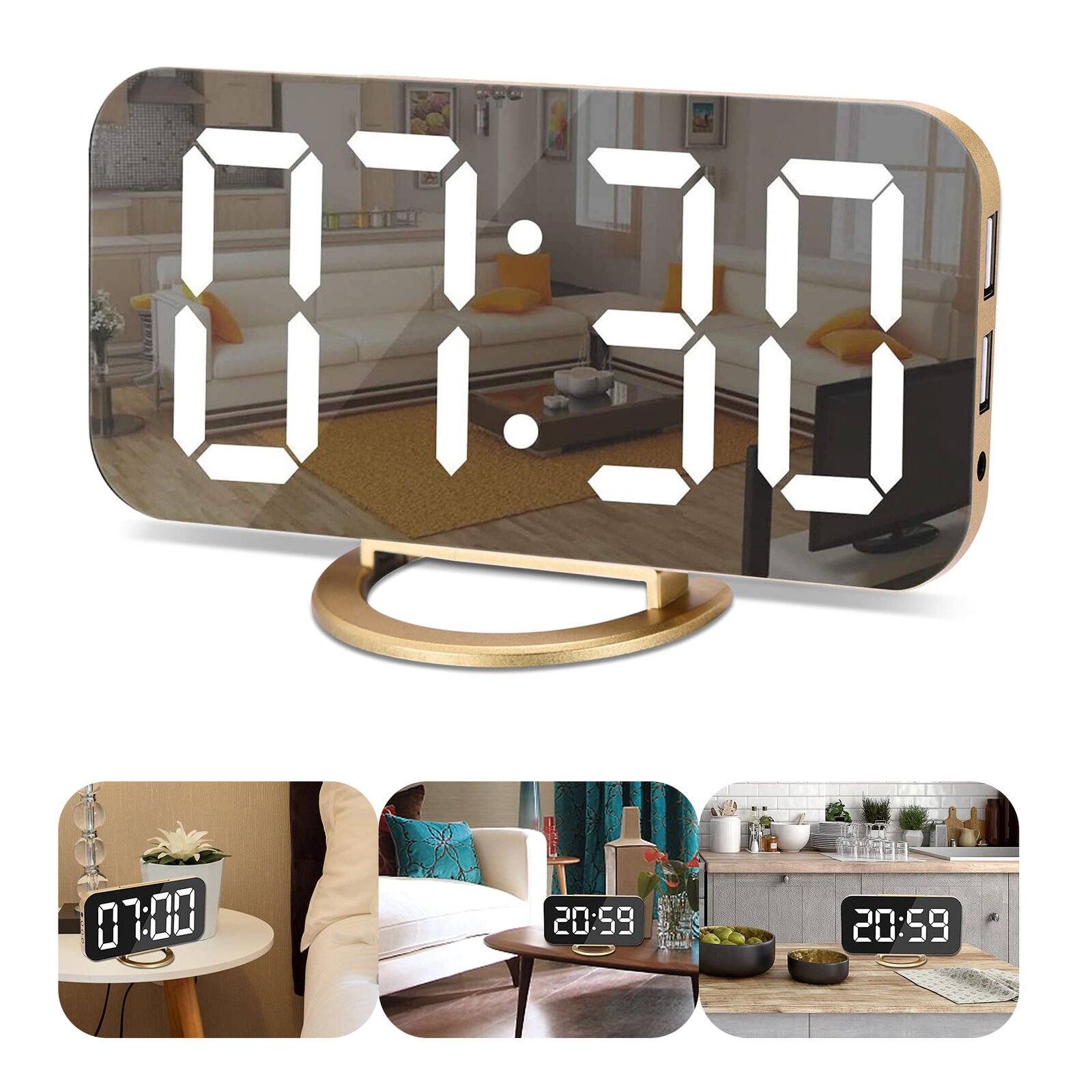 Digital Alarm Clock 6.2" Large LED Mirror Display Dual USB Charger Port Clocks