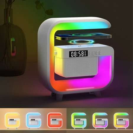 Digital Alarm Clock, Wireless Charger, Bluetooth Speaker, Snooze, Both Alarms Sleep Timer 12 24H, Natural Sounds, Adjustable Night Light for Bedroom with 12 Colors, Ideal Gift for Heavy Sleepers
