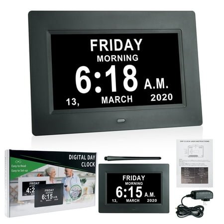 Digital Calendar Alarm Clock - Dementia Clocks for Vision Impaired, Elderly, Memory Loss Clock with Non-Abbreviated Clock with Date and Day (7 inch)