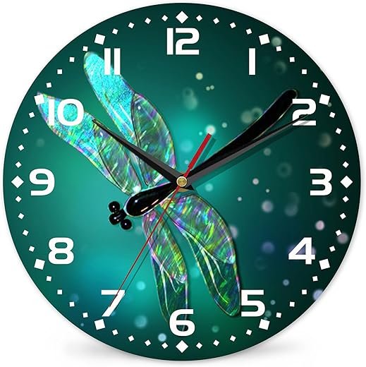 Dragonfly Wall Clock, Fantasy Green Design, Contemporary Easy to Read Decor for Living Room, Bedroom, Bathroom, and Kitchen, 10 Inch
