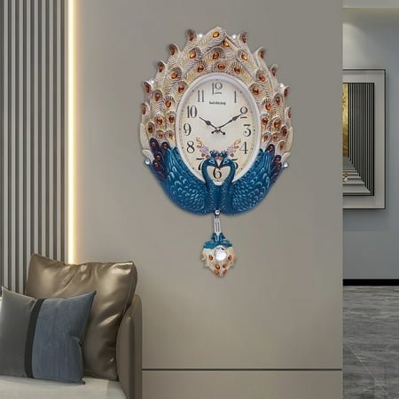 Dwellnix Retro Luxury Peacock Wall Clock Wall Mounted Pendulum Clock Bedroom Home Decor