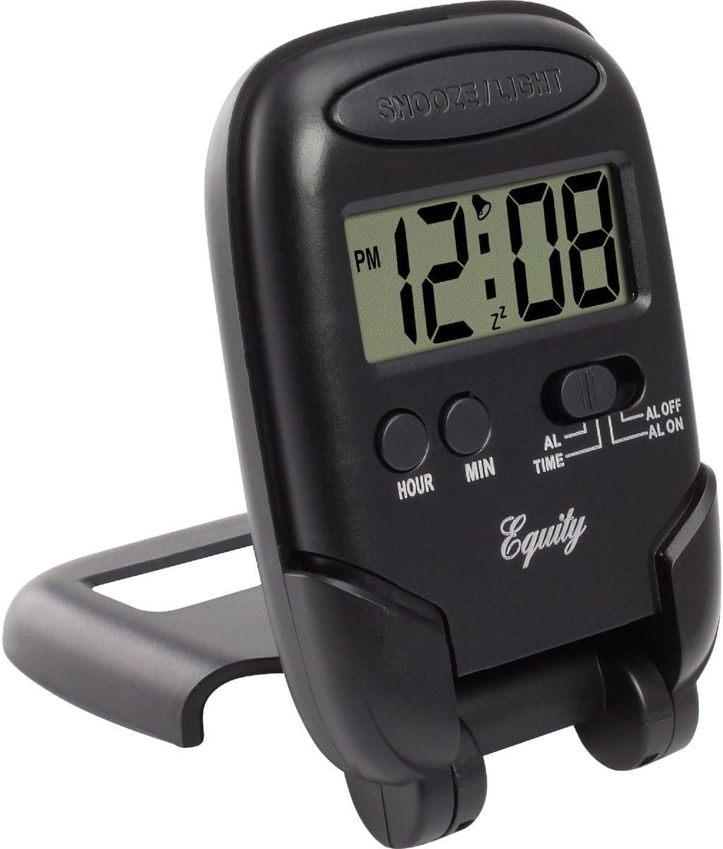 Equity 31302 LCD Fold-Up Travel Alarm Clock with Blue Backlight, 3.85L x 2.50W x 4.00H, Black