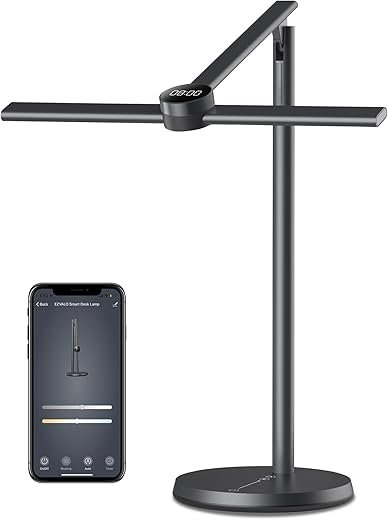 EZVALO Smart Desk Lamp with APP Control,Eye-Caring Auto-Dimming Led Desk Lamp,3 Color Temperature, Works with Alexa&Google Assistant, Study Lamp with Clock, Desk Lamps for Home Office Reading,Studying