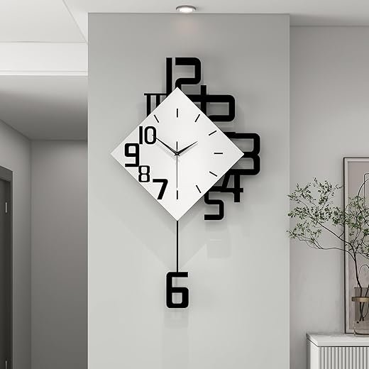 FLEBLE Modern Wall Clocks for Living Room Decor Large Decorative Wall Clock with Pendulum Battery Operated for Bedroom Office Kitchen Home Black Wood Silent Small Wall Clock Non Ticking