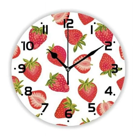 Girly Red Strawberry and Polka Dots Pattern Kitchen Wall Clock Living Room Strawberries Fruit Wall Watch Accessories Home Decor（10 Inch）