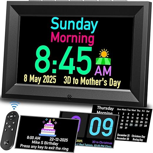 GOLOZA 7'' Digital Calendar Clock, Talking Clock with 10 Volumes, 6 Display with 10 Color Modes, Auto Dimmable, Alarms & Birthday & Holiday Reminders, 3 Pill Reminders Clocks for Kids Adults Seniors